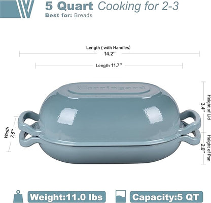 VORRINGARD Enameled Cast Iron Sourdough Bread Oven, Dutch Oven, Loaf Cast Iron Bread Pan for Homemade Bread Baking, Meatloaf Pan with Lid, 5QT, Sea Salt - Image 2