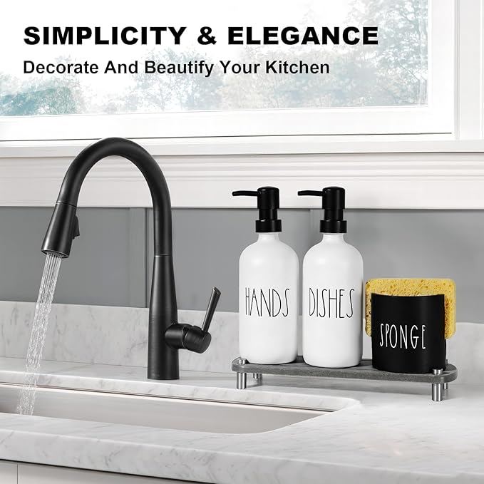 Kitchen Soap Dispenser Set,16.9 fl oz Hand and Dish Soap Dispensers with Tray, Kitchen Soap Dispenser Set with Sponge Holder, Instant Dry Tray,Kitchen Decor(White&Black)