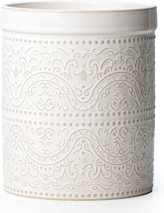 Kitchen Utensil Holder, 7 Inches Large Ceramic Utensil Holder for Countertop, Lace Emboss Cooking Utensil Crocks for Kitchen, Home Decor, Off-White by MIKIGEY