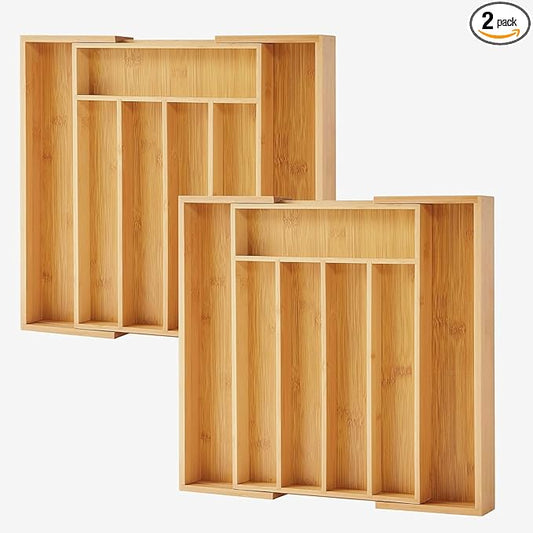2-Piece Bamboo Silverware Organizer, Expandable Kitchen Drawer Organizer for Cutlery and Utensils, Multifunction Adjustable Bamboo Wood Cutlery Tray in Drawer for Flatware, (Natural) by oridom