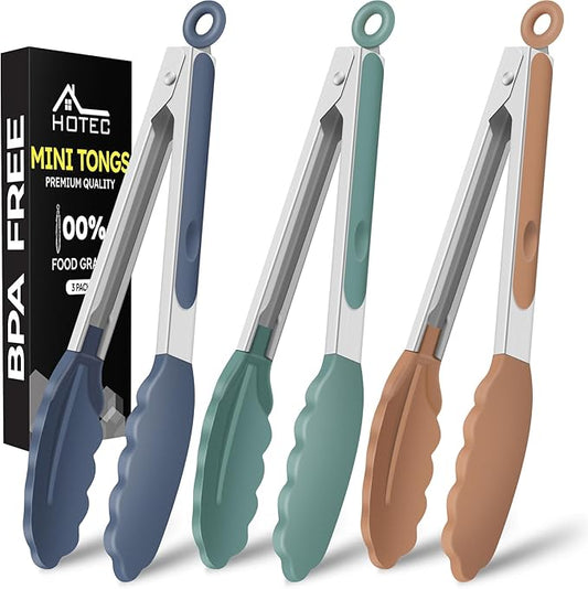 Hotec Mini Silicone Kitchen Tongs for Cooking - 7-Inch Small Serving Tongs with Silicone Tips, Set of 3 (Neutral) by Hotec