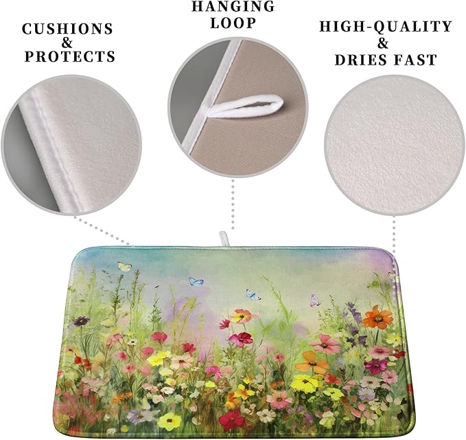 Spring Floral Dish Drying Mat for Kitchen Counter 16x18 Inch Sage Green Wild Flowers Drying Mats Spring Summer Plant Microfiber Absorbent Dish Rack Pad for Coffee Bar Sinks Home Accessories - Image 3
