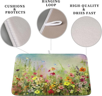 Spring Floral Dish Drying Mat for Kitchen Counter 16x18 Inch Sage Green Wild Flowers Drying Mats Spring Summer Plant Microfiber Absorbent Dish Rack Pad for Coffee Bar Sinks Home Accessories - Image 3