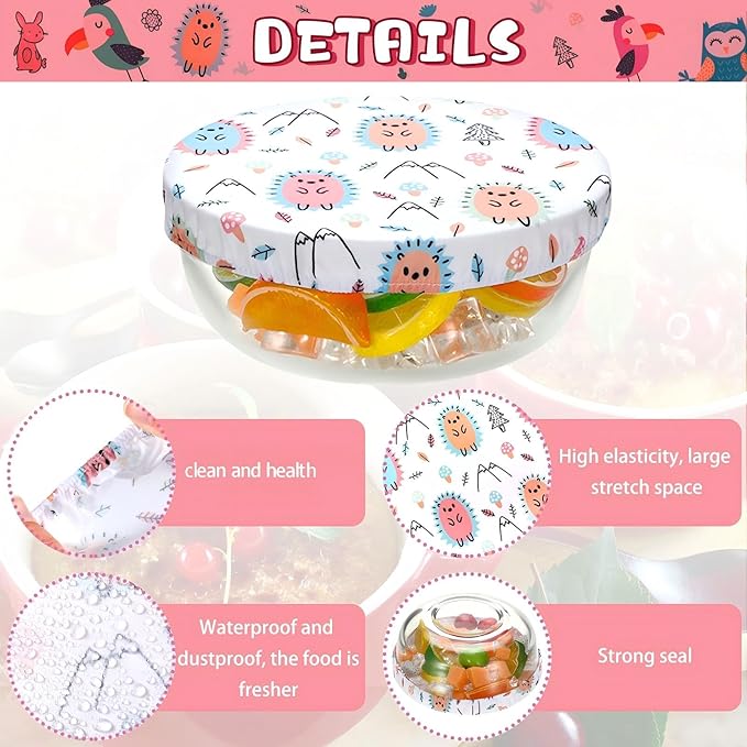 Patelai 10 Pcs Bowl Covers Reusable in 5 Size Stretch Cloth Fabric Elastic Food Storage Bowl Covers Bread Sourdough Lids for Proofing Food Fruits Leftover(Multicolor,Cute Style) - Image 4
