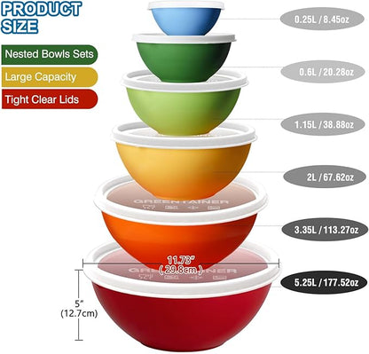 Greentainer Plastic Mixing Bowls with Lids Set for Kitchen, 6 Set Nesting Bowls for Mixing, Baking, Prepping, Cooking and Serving Food, Mixing Bowls Dishwasher, Microwave Safe