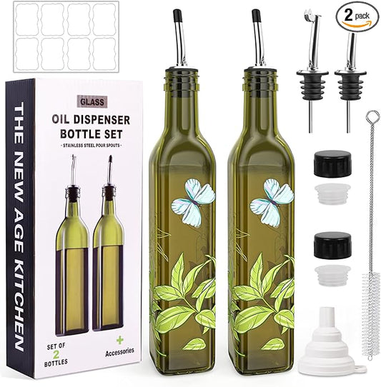 COOLMI Oil and Vinegar Dispenser Set - 17oz/500ML Premium Glass Olive Oil Dispenser Bottles for Kitchen, Oil Dispenser for Kitchen (Butterfly) by COOLMI