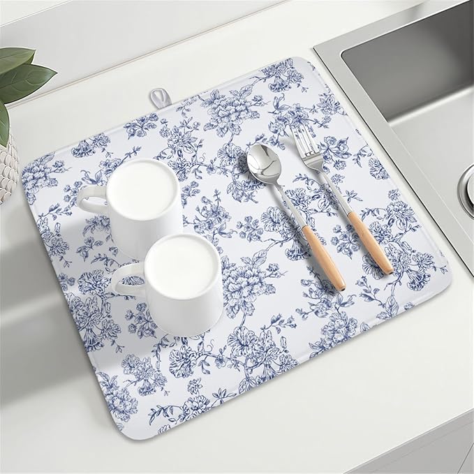 Blue Floral Dish Drying Mat for Kitchen Counter Chinoiserie Flower Microfiber Dish Drainer Mat Vintage Rustic Elegant Absorbent Washable Drying Pad Extra Large 16"x18"