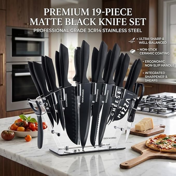 Kitchen Knife Set with Block, 19 PCS High Carbon Stainless Steel Sharp includes Serrated Steak Knives Set, Chef Knives, Bread Knife, Scissor, Sharpener, all in one - Image 3