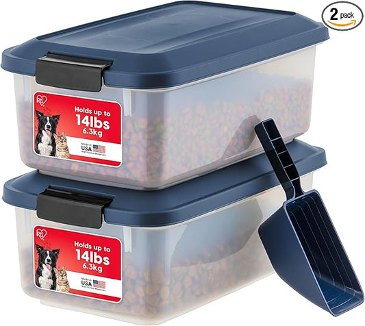 IRIS USA WeatherPro Airtight Pet Food Storage Container, Up to 14 lbs, Dog Cat Bird and Other Pet Food Storage Bin Keep Pests Out Translucent Body BPA Free Stackable, 2 Pack, Navy by IRISUSA