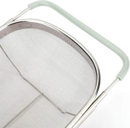 AJIODA Over The Sink Colander, 6 Quarts Stainless Steel Oval Colander with Expandable Rubber Grip Handle, Fine Mesh Strainer Baskets Kitchen Colanders for Strain, Drain, Rinse Vegetables, Mint Green