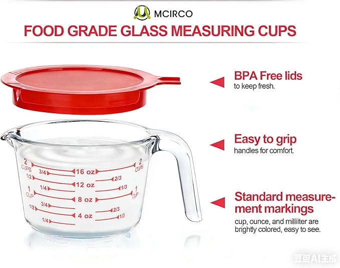 M MCIRCO 6 Pcs Glass Measuring Cups with Lids Set, 1-Cup, 2-Cup, 4-Cup Measuring Jugs with Handle, Nesting Liquid Measuring Cups for Kitchen - Image 3