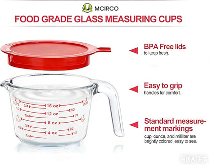 M MCIRCO 6 Pcs Glass Measuring Cups with Lids Set, 1-Cup, 2-Cup, 4-Cup Measuring Jugs with Handle, Nesting Liquid Measuring Cups for Kitchen - Image 3