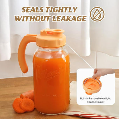 Soligt Glass Mason Jar Pitcher with Lid, Wide Mouth Flip Cap Pour Spout Leak-proof Lid with Handle, 64 oz (2 Quart / 1.9 Liter), for Iced Coffee/Sun Tea Juice/Cold Brew Coffee (1Pack, Carrot Orange)