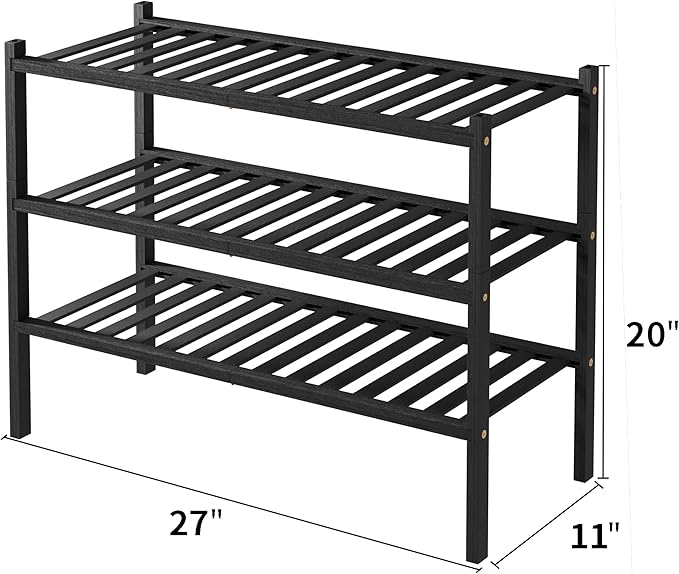 ROMGUAR CRAFT 3 Tier Bamboo Shoe Rack for Closet Free Standing Wood Shoe Shelf Storage Organizer for Entryway Small Space Stackable 27"x11"x20" (Black) - Image 3
