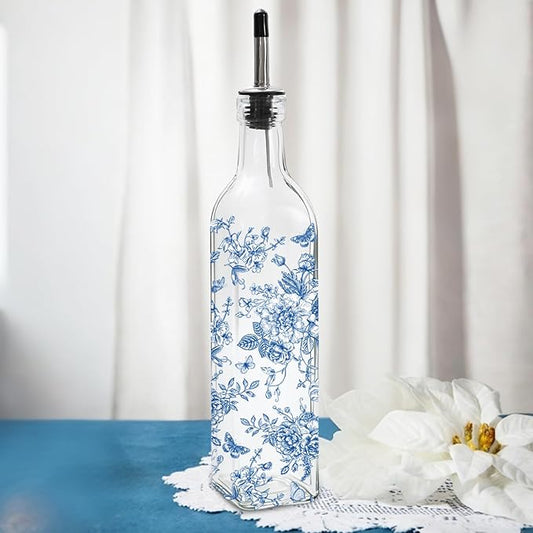 JarThenaAMCS Chinoiserie Olive Oil Dispenser Bottle Blue Floral Glass Cruet Bottle with Spout Cooking Vinegar Container for Home Kitchen Table Countertop Decor