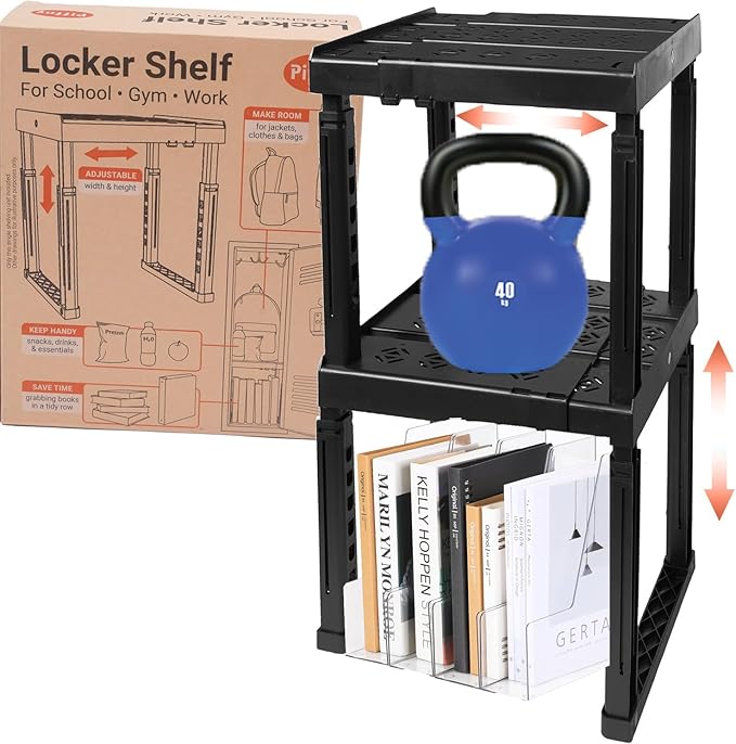 Piffny Locker Organizer Shelf, Adjustable Width and Height, Stackable, 2 Pack, Ideal Locker Shelf for School, Office, Gym Lockers, or Even Kitchen Cabinets & Under Sink Organization (Black) by Piffny