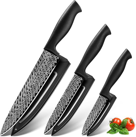 Gourmetop Kitchen Knife Set with Cover 3 Pcs, Black Chef Knife Set for Cooking, Sharp Kitchen Knives with Sheath, 8'' Chef Knife, 5'' Utility, 3.5'' Paring, Damascus Pattern Kitchen Knife for Cutting by Gourmetop