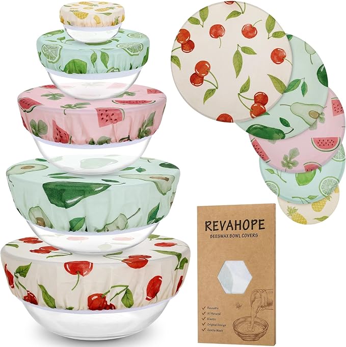 5-Size Reusable Beeswax Bowl Covers for Bread Proofing, Cotton Cloth Flexible Beeswax Wraps for Food Storage(Colored Fruit) by Revahope