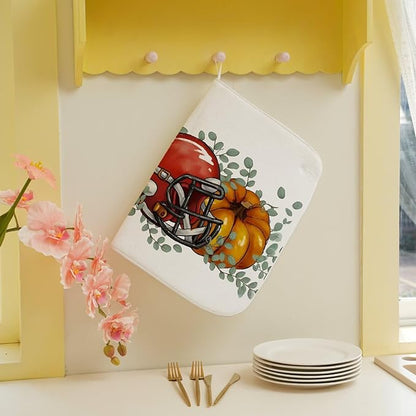 Fall Football Dish Drying Mat 18 x 24 inch Orange Pumpkins Eucalyptus Leaves Decorative Drying Mats Microfiber Absorbent Autumn Thanksgiving Dish Washable Draining Mat for Kitchen Counter