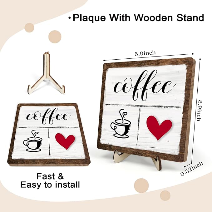 Vintage Coffee Bar Decor Sign,Rustic Wooden Plaque for Java Station, Kitchen,Cafe or Tea Corner, Funny Jave Gift for Coffee Lovers,Cute Heart Design Cafe Decor 5.9x5.9inch - Image 2