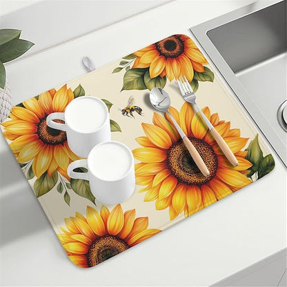 Spring Summer Dish Drying Mat 18x24 Inch Absorbent Reversible Sunflower Drying Mat Sunflower Bee Dish Drying Rack Mat Yellow Summer Themed Dish Drainer Mat for Kitchen Counter Coffee Bar