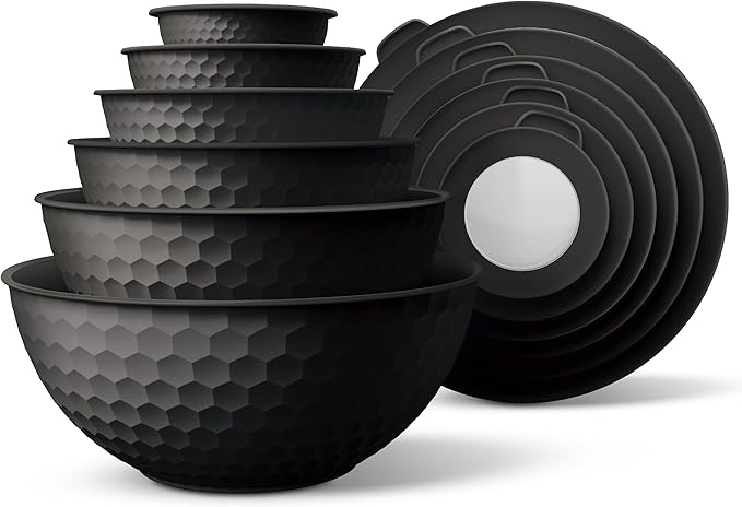 COOK WITH COLOR Mixing Bowls with Lids - 12 Piece Plastic Nesting Bowls Set includes 6 Prep Bowls and 6 Lids, Microwave Safe Mixing Bowl Set, Black Embossed by CookwithColor