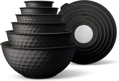 COOK WITH COLOR Mixing Bowls with Lids - 12 Piece Plastic Nesting Bowls Set includes 6 Prep Bowls and 6 Lids, Microwave Safe Mixing Bowl Set, Black Embossed by CookwithColor