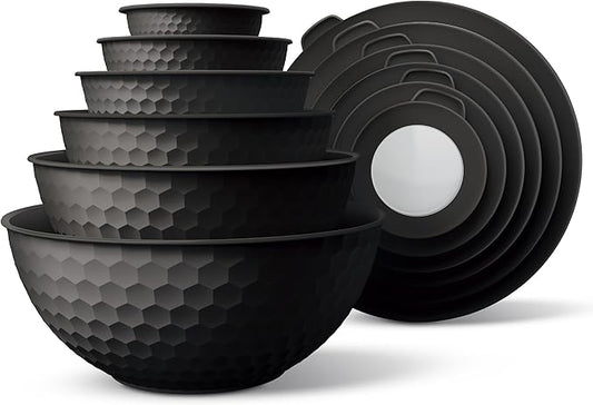 COOK WITH COLOR Mixing Bowls with Lids - 12 Piece Plastic Nesting Bowls Set includes 6 Prep Bowls and 6 Lids, Microwave Safe Mixing Bowl Set, Black Embossed by CookwithColor