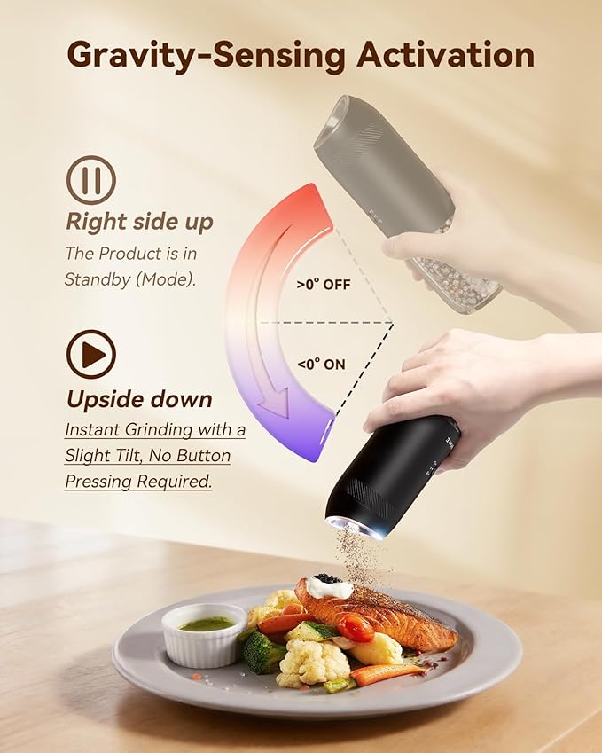 WONMAKE Gravity Electric Salt and Pepper Grinder Set with Charging Base, Automatic Salt and Pepper Mill, 6-Level Adjustable Coarseness, Dual Speed, and Large 5.95oz Capacity - Image 3