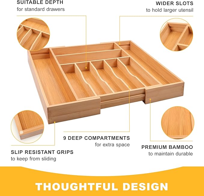 Large Premium Bamboo Silverware Organizer - Expandable Drawer Organizer & Utensil Organizer - 17"x19.7" Cutlery Tray with Dividers for Kitchen Utensils and Flatware (7-9 Slots) (Natural) - Image 5