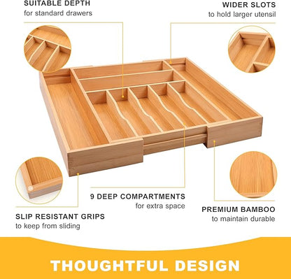 Large Premium Bamboo Silverware Organizer - Expandable Drawer Organizer & Utensil Organizer - 17"x19.7" Cutlery Tray with Dividers for Kitchen Utensils and Flatware (7-9 Slots) (Natural) - Image 5