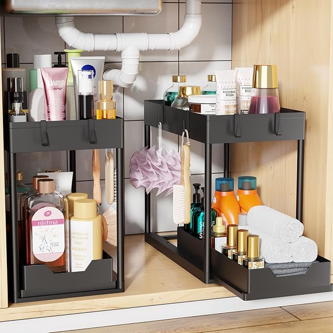 Simple Trending Under Sink Organizer 2 Pack, Sink Pull-Out Sliding Storage Cabinet, 2-Tier Under Shelf Organizer for Kitchen Bathroom, Black by SimpleTrending