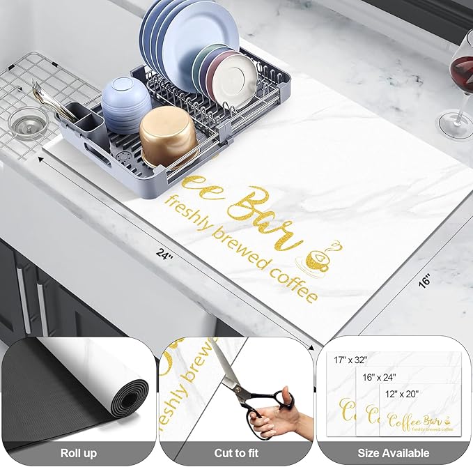 Findosom Dish Drying Mat, 16"x 24" Super Absorbent & Hide Stain Coffee Mat, Cuttable Drying Mat for Kitchen Counter, Coffee Bar Accessories, Under Dish Rack, Coffee Maker, Espresso Machine, White - Image 2