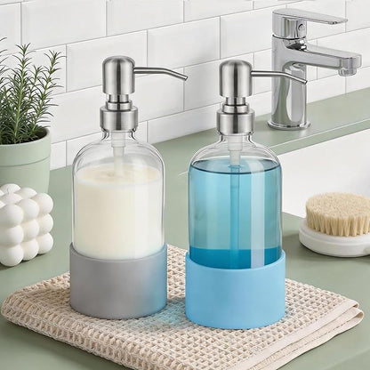 16 oz Hand and Dish Soap Dispenser Set for Kitchen and Bathroom, 500ml Clear Glass Soap Dispenser with Stainless Steel Pump, Non-Slip Silicone Sleeves, Labels - 2 Pack