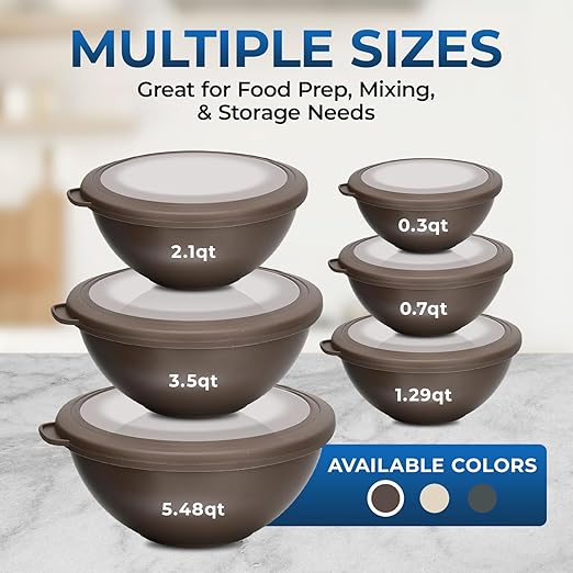 Bakken Master 12 Piece Plastic Nesting Bowls with Lids - Mixing Bowls Set includes 6 Prep Bowls and 6 Lids, BPA-Free, Reusable Meal Prep Containers, Microwave, Freezer & Dishwasher Safe, Brown - Image 6
