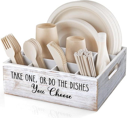 ALELION Rustic White Plate and Utensil Caddy, 6-Compartment Paper Plate and Cutlery Holder with Handles, Kitchen and Party Organizer for BBQs, Picnics, and Gatherings by ALELION