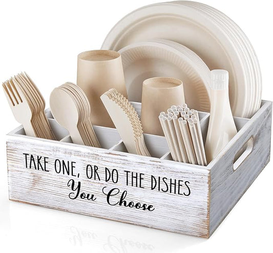 ALELION Rustic White Plate and Utensil Caddy, 6-Compartment Paper Plate and Cutlery Holder with Handles, Kitchen and Party Organizer for BBQs, Picnics, and Gatherings by ALELION