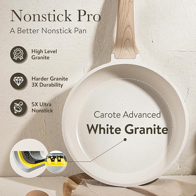 CAROTE Pots and Pans Set Nonstick, White Granite Induction Kitchen Cookware Set, 10 Pcs Non Stick Cooking Set w/Frying Pans & Saucepans(PFOS, PFOA Free) - Image 4