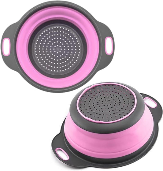 Pink Round Silicone Collapsible Colander – Small Silicone Round Kitchen Strainers with Plastic Handles Foldable Kitchen Strainer Perfect for Draining Pasta Vegetable and Fruit by KillersInstinctOutdoors