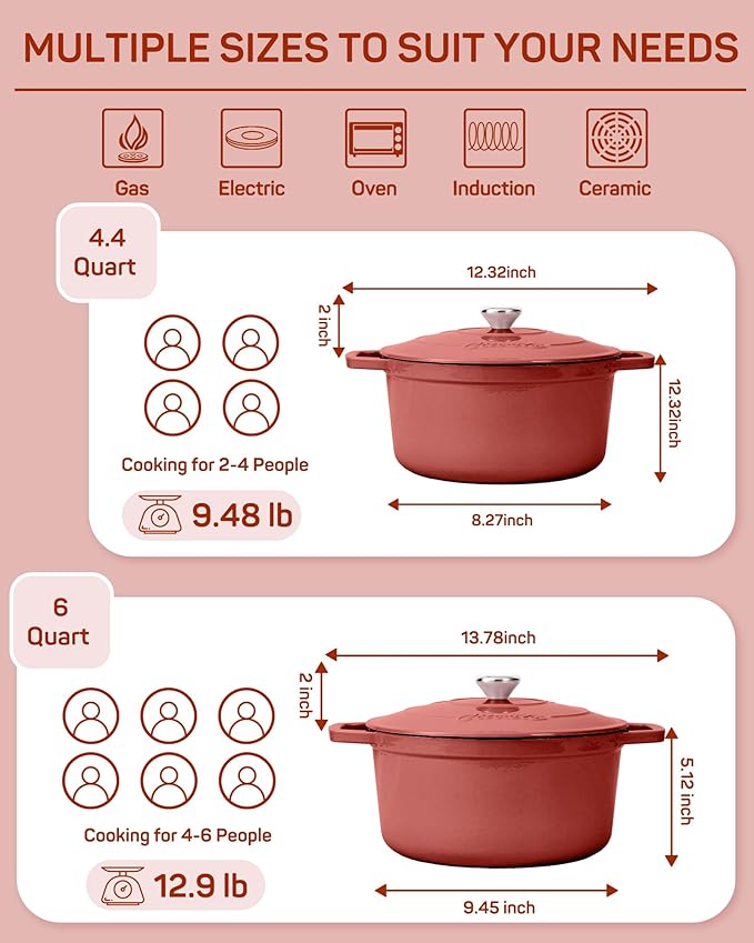 Ciwete Enameled Cast Iron Dutch Oven – 6 Quart Pot with Lid & Potholders – Heavy-Duty Cookware for Bread Baking, Braising, Stews & Roasting – Oven & Stovetop Safe up to 500°F – Red