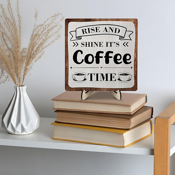 Coffee Bar Sign Plaque, Coffee Signs for Coffee Station, Vintage Coffee Sign Decor for Kitchen, Coffee Bar Accessories, Coffee Themed Gifts, Farmhouse Cafe Sign,Coffee & Tea Bar Decor Signs (Gray&Brown, 5.9x5.9inches) - Image 4