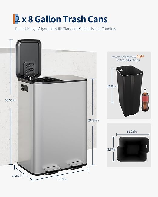 GarveeHome 2 x 8 gal Stainless Steel Double Trash Can with Lid for Kitchen, Large Dual Trash and Recycle Bin Combo, Step-on Kitchen Metal Garbage Cans, PP Inner Buckets, Liner Rim - Image 6