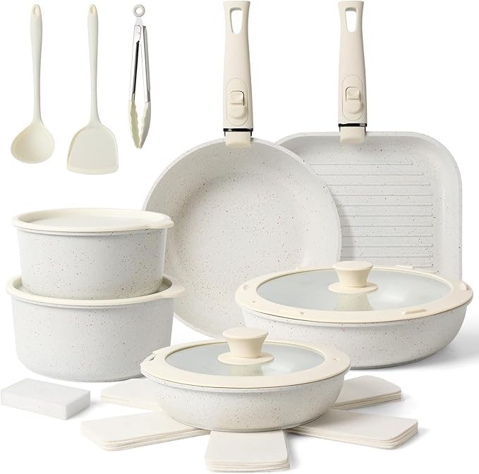 Pots and Pans Set Non Stick 20PCS, Ceramic Cookware Set Detachable Handle Non Toxic Stackable Kithchen Set, Dishwasher Oven Safe Induction Compatiable Frying Pans Pots Skillets, White by HealthyCookingHappyLiving