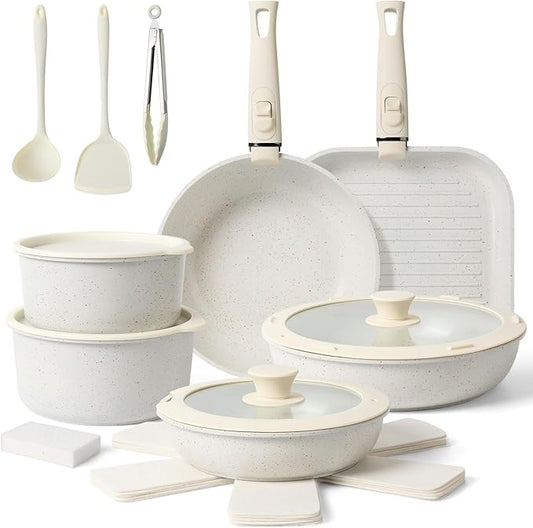 Pots and Pans Set Non Stick 20PCS, Ceramic Cookware Set Detachable Handle Non Toxic Stackable Kithchen Set, Dishwasher Oven Safe Induction Compatiable Frying Pans Pots Skillets, White by HealthyCookingHappyLiving
