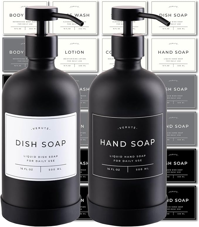 Hand and Dish Soap Dispenser for Kitchen and Bathroom, Set of 2 16 Oz Glass Bottles, Stainless Steel Pumps, Non-Slip Silicone Base, 27 Waterproof Labels (Matte Black Bottle/Black Pump) by Verute