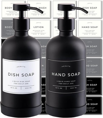 Hand and Dish Soap Dispenser for Kitchen and Bathroom, Set of 2 16 Oz Glass Bottles, Stainless Steel Pumps, Non-Slip Silicone Base, 27 Waterproof Labels (Matte Black Bottle/Black Pump) by Verute