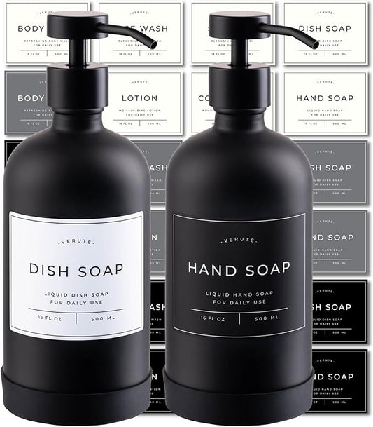 Hand and Dish Soap Dispenser for Kitchen and Bathroom, Set of 2 16 Oz Glass Bottles, Stainless Steel Pumps, Non-Slip Silicone Base, 27 Waterproof Labels (Matte Black Bottle/Black Pump) by Verute