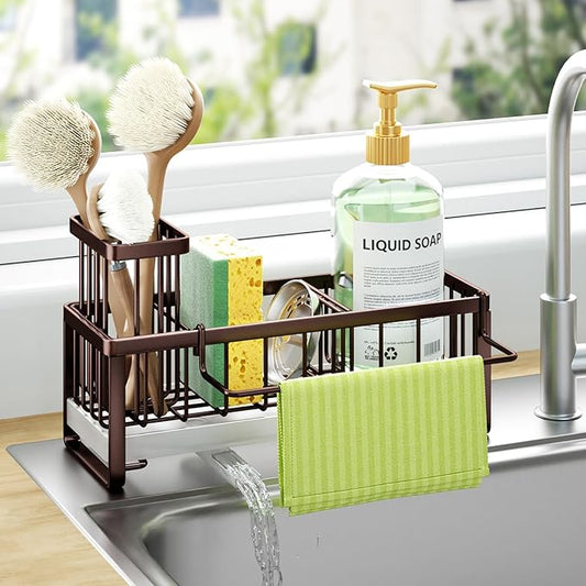 HapiRm Sponge Holder for Kitchen Sink - Self-draining Sink Caddy with Brush and Dishcloth Holders, Stainless Steel Kitchen Organizer for Countertop - Bronze by HapiRm