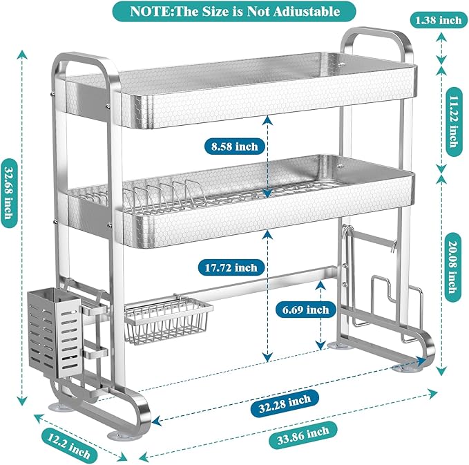 HOWDIA 3-Tier Over The Sink Dish Drying Rack, 304 Stainless Steel Dish Rack with Honeycomb Design, Cutlery Holder & Chopping Board Rack, 33.86” x 11.81” x 33.07” for Maximum Kitchen Storage - Image 3