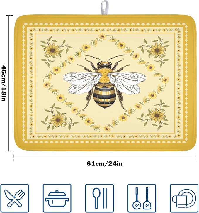 Giwawa Sunflower Bee Dish Drying Mat, Summer Rustic Sunshine Floral Dish Drainer Mats, Yellow Farmhouse Microfiber Reversible Large Dish Drying Pad Decor for Kitchen Countertop, 18x24inches